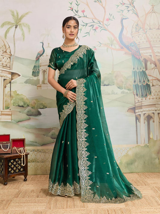 Dwija Fashion Green Party Wear Embroidered Jimmy Choo Organza Saree With Unstitched Blouse