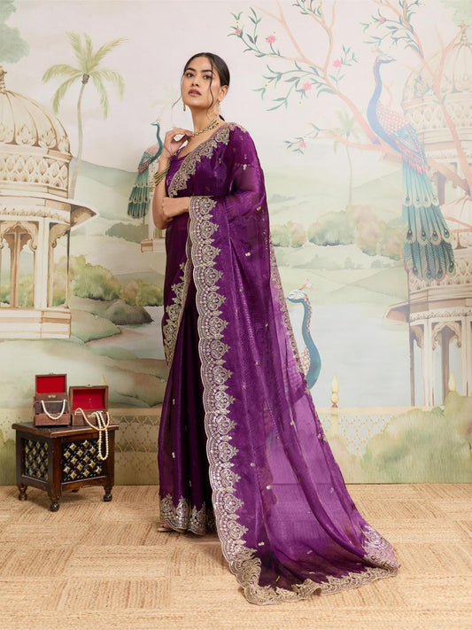 Dwija Fashion Purple Party Wear Embroidered Jimmy Choo Organza Saree With Unstitched Blouse