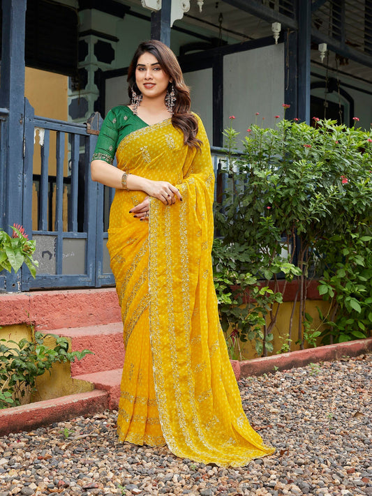 Dwija Fashion Yellow Party Wear Embroidered Georgette Saree With Unstitched Blouse