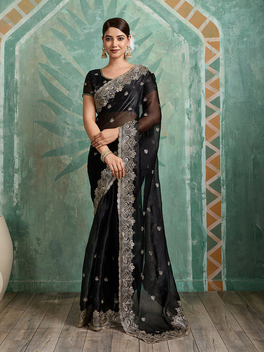 Dwija Fashion Black Party Wear Embroidered Jimmy Choo Organza Saree With Unstitched Blouse