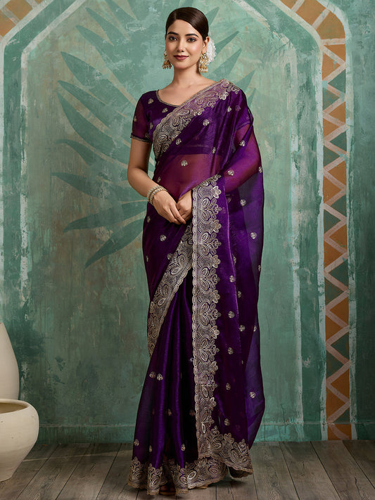 Dwija Fashion Purple Party Wear Embroidered Jimmy Choo Organza Saree With Unstitched Blouse