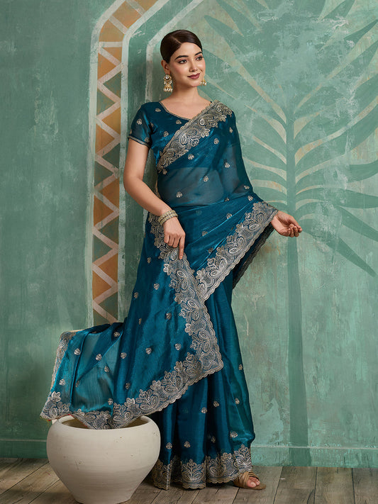 Dwija Fashion Teal Blue Party Wear Embroidered Jimmy Choo Organza Saree With Unstitched Blouse