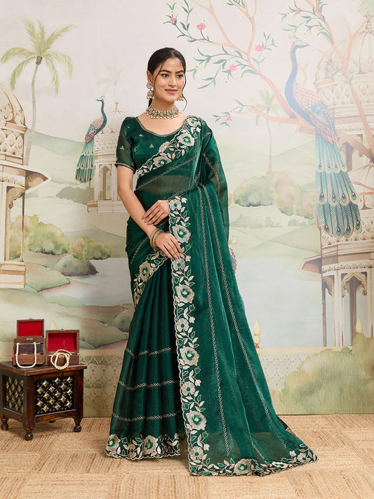 Dwija Fashion Green Party Wear Embroidered Jimmy Choo Organza Saree With Unstitched Blouse