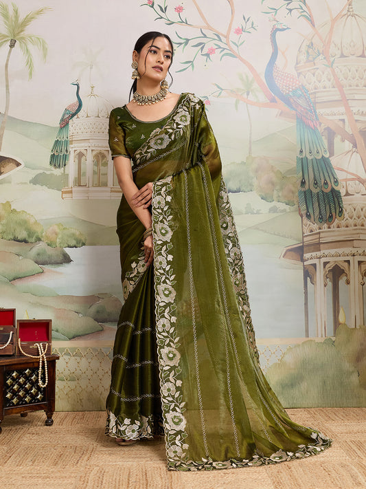 Dwija Fashion Green Party Wear Embroidered Jimmy Choo Organza Saree With Unstitched Blouse