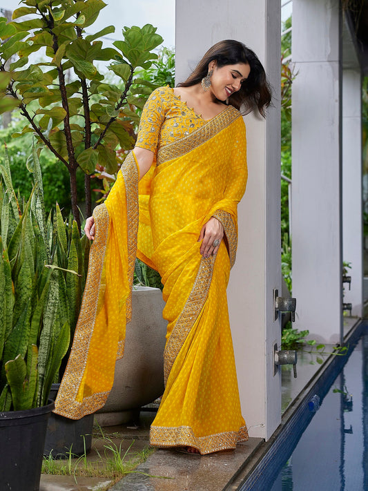 Dwija Fashion Yellow Party Wear Embroidered Georgette Saree With Unstitched Blouse