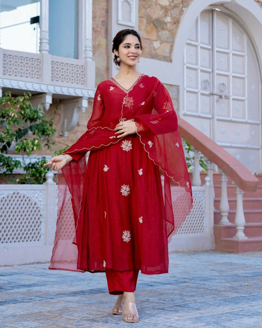The52 Red Beautiful Embroidered Chanderi Fabric Flared Kurta, Pant and Dupatta Set | Grab2Buy