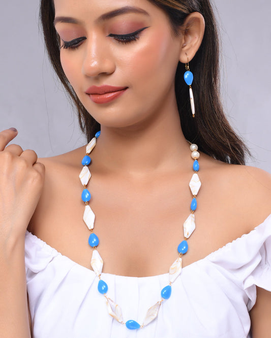 VOJ Women Sky Blue And White Beads Necklace And Earrings Set - Grab2buy