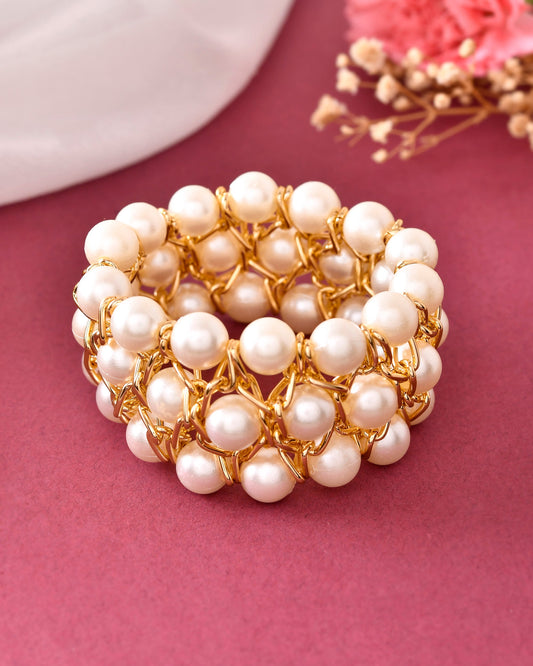 VOJ Women White and Gold Toned Perals Gold-Polished Multi Strand Bracelet | Grab2Buy