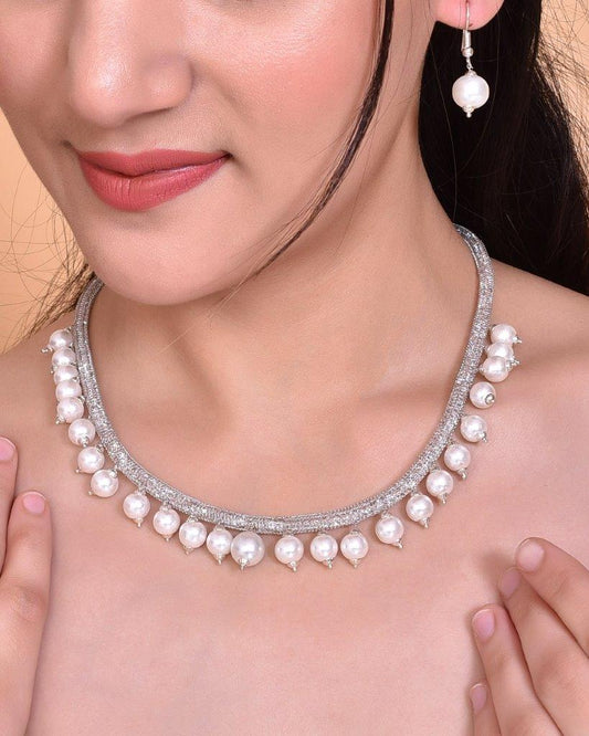 VOJ Silver Plated Pearls and AD-Studded Necklace & Earrings - Grab2buy