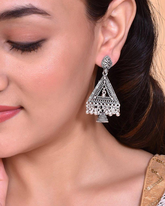 VOJ Studded Triangle Oxidised Silver Plated Contemporary Drop Earrings - Grab2buy