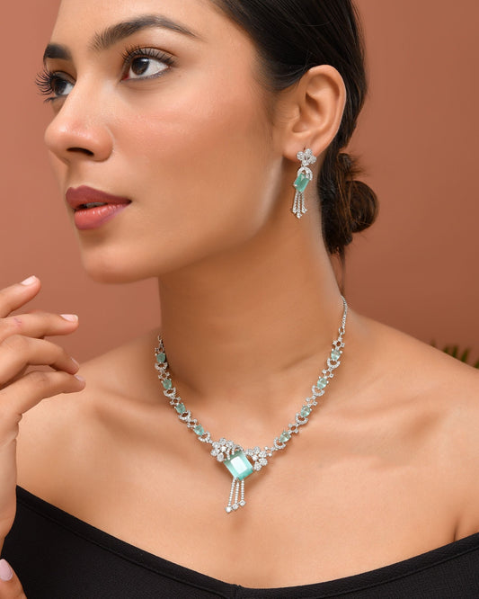 VOJ Silver Plated CZ Stone Studded Designer Necklace With Earrings Set Grab2Buy VOJ Grab2Buy