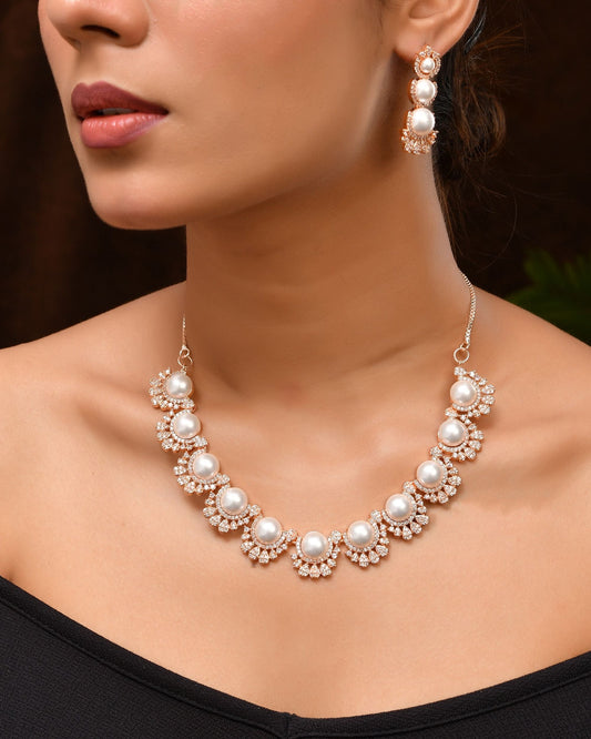 VOJ Rose-Gold Polished AD And Pearl Studded Jewellery Set Grab2Buy VOJ Grab2Buy