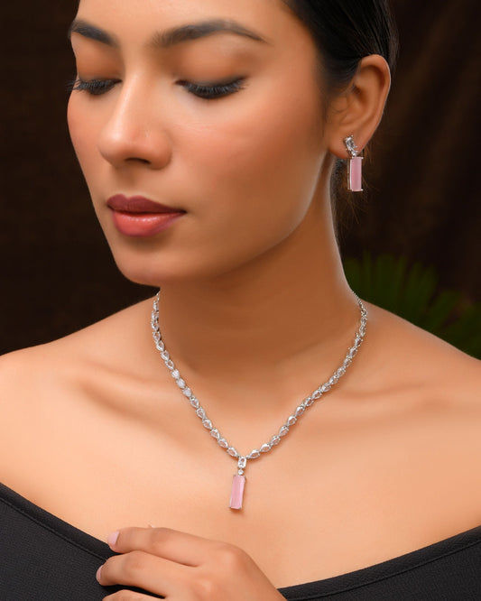 VOJ Silver Plated Baby Pink Stone Studded Necklace Set Grab2Buy VOJ Grab2Buy