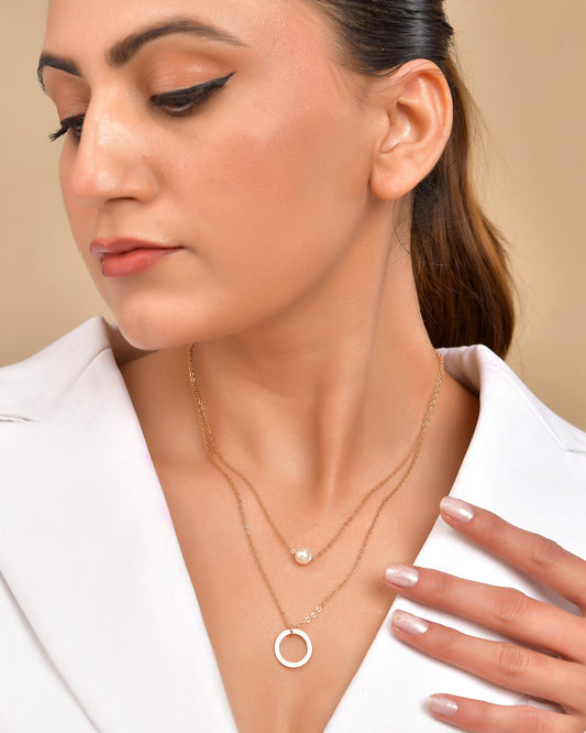 VOJ Gold Polished Multi Layer Pearl Studded Designer Chain