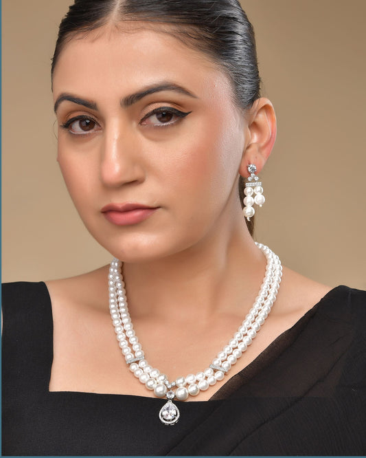 VOJ Silver Plated Pearl & Ad Studded Designer Jewellery Set