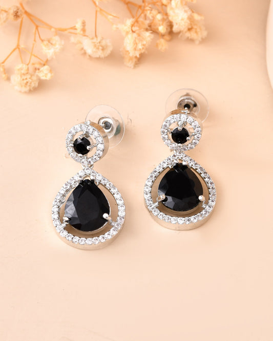VOJ Silver Plated Black Stone Studded Teardrop Shaped Earrings
