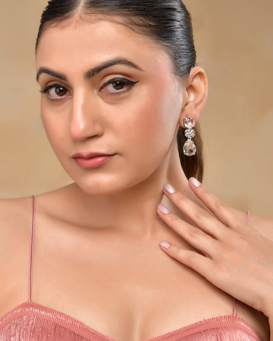 VOJ Silver Plated Stone Studded Floral Shaped Studs Earrings