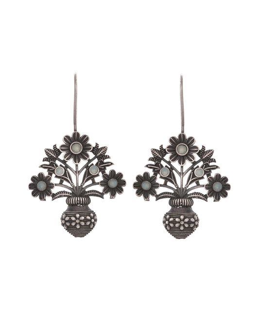 VOJ Silver Plated Floral Shaped Oxidized Drop Earrings