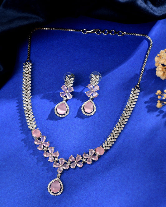 VOJ Silver Plated Baby Pink Floral Ad Jewellery Set Grab2Buy VOJ Grab2Buy