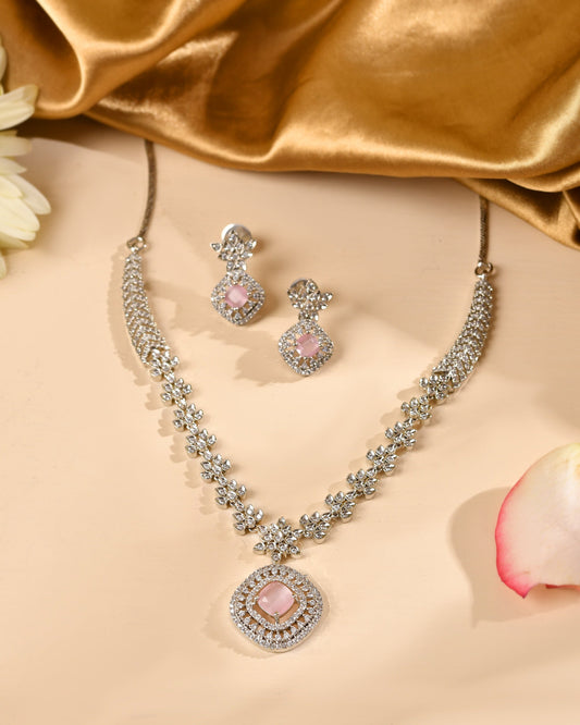 VOJ Silver Plated Baby Pink Square Stone Studded Jewellery Set Grab2Buy VOJ Grab2Buy