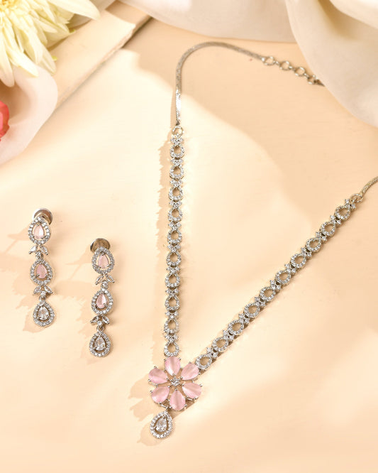 VOJ Silver Plated Ad Stone With Baby Pink Floral Jewellery Set Grab2Buy VOJ Grab2Buy