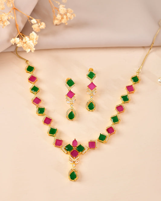 VOJ Gold Plated Green And Red Square Stone Studded Jewellery Set Grab2Buy VOJ Grab2Buy