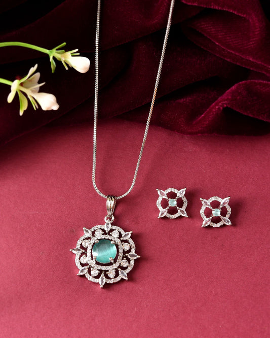 VOJ Silver Plated Sea Green Circulare Stone Studded Sun Shaped Ad Pendant With Chain Set Grab2Buy VOJ Grab2Buy