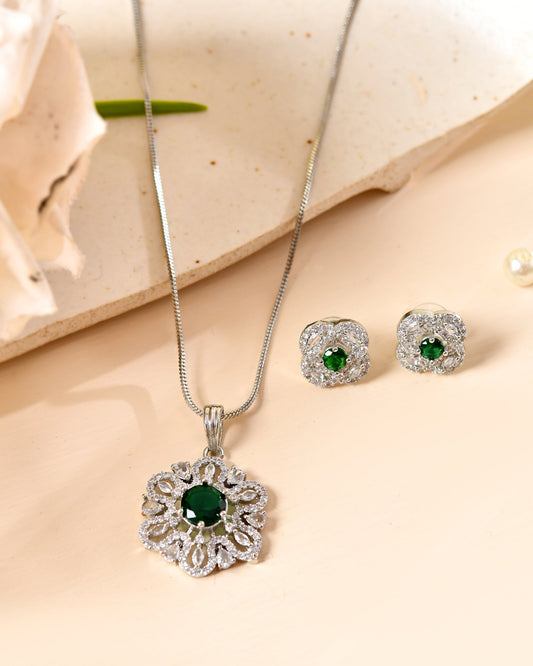 VOJ Silver Plated Floral Shaped Green Circular Ad Chain Set Grab2Buy VOJ Grab2Buy