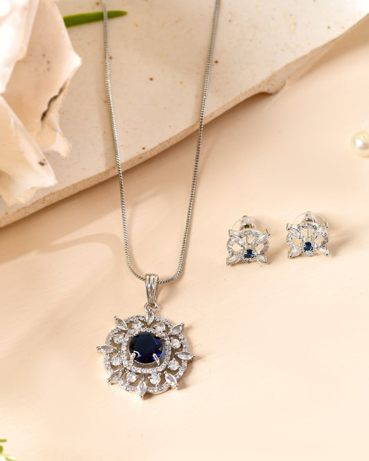 VOJ Silver Plated Blue Circular Stone Studded Sun Shaped Ad Pendant With Chain Set Grab2Buy VOJ Grab2Buy