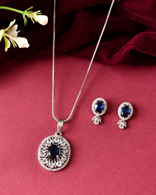 VOJ Silver Plated Oval Shaped Blue Stone Studded Ad Chain Set Grab2Buy VOJ Grab2Buy