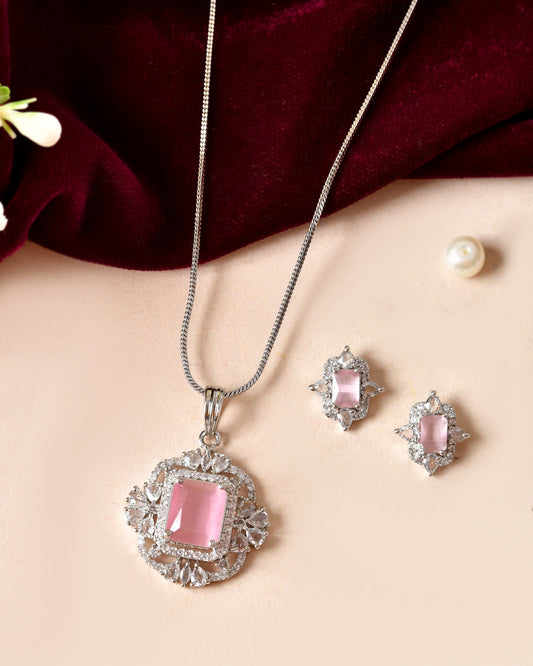 VOJ Silver Plated Baby Pink Rectangular Shaped Stone Studded Ad Chain Set Grab2Buy VOJ Grab2Buy