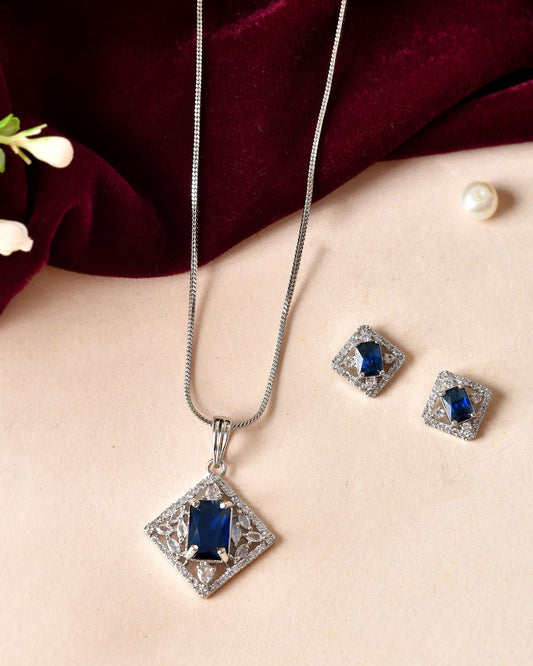 VOJ Silver Plated Blue Rectangular Shaped Stone With Square Shaped Ad Pendant With Chain Set Grab2Buy VOJ Grab2Buy
