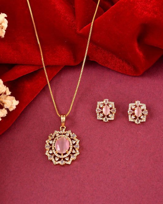 VOJ Gold Toned Baby Pink Oval Stone Studded Sun Shaped Ad Pendant With Chain Set Grab2Buy VOJ Grab2Buy