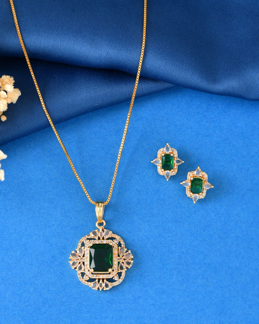 VOJ Gold Toned Green Rectangular Shaped Cz Chain Set Grab2Buy VOJ Grab2Buy