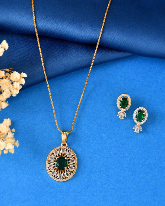 VOJ Gold Plated Green Oval Shaped Ad Stone Studded Chain Set Grab2Buy VOJ Grab2Buy