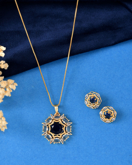 VOJ Gold Plated Blue Circular Stone Studded Floral Ad Chain Set Grab2Buy VOJ Grab2Buy