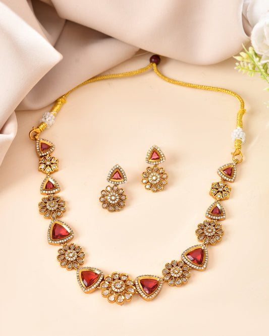 VOJ Gold Tone Floral With Ruby Red Stone Ad Necklace Set Grab2Buy VOJ Grab2Buy