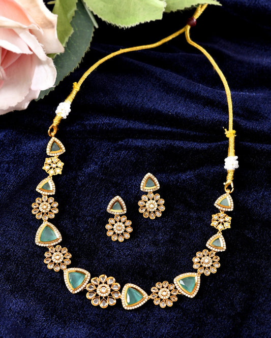 VOJ Gold Tone Floral With Teal Green Stone Ad Necklace Set Grab2Buy VOJ Grab2Buy