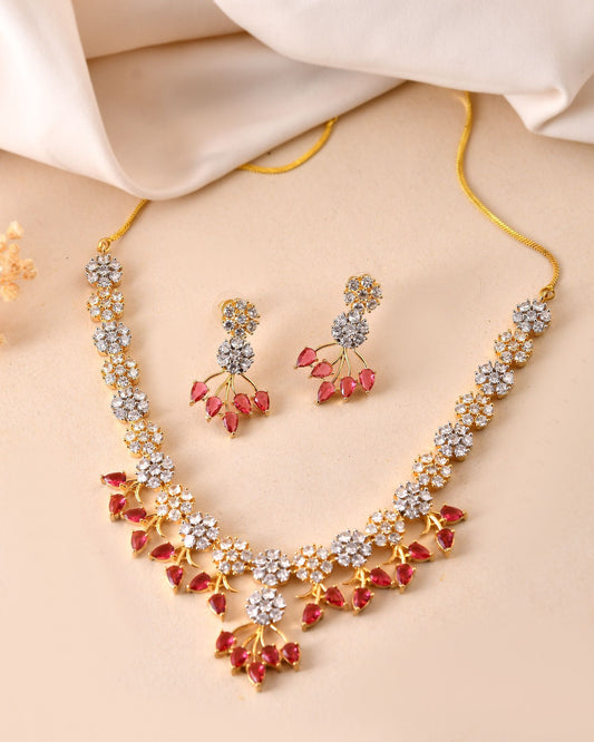 VOJ Gold-Toned Ad Stone Studded Floral Necklace & Earrings Set With Red Stone Drops Grab2Buy VOJ Grab2Buy
