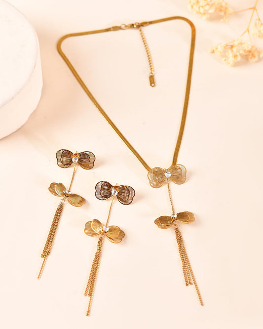 VOJ Gold-Toned Butterfly Design Pendant Necklace With Tassel Earrings Set Grab2Buy VOJ Grab2Buy