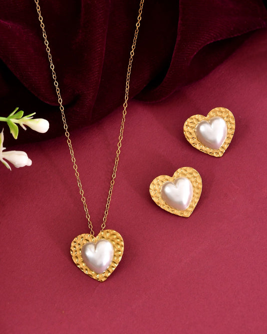 VOJ Gold Toned Pearl Studded Heart Shaped Pendant And Earrings With Chain Set Grab2Buy VOJ Grab2Buy