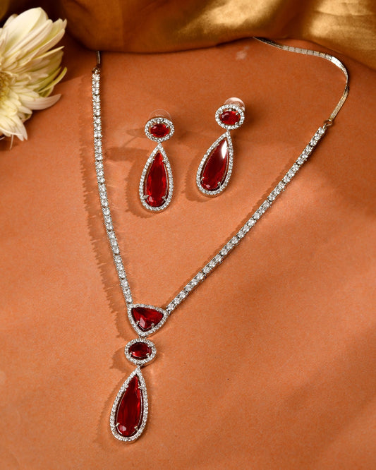 VOJ Silver-Plated Ad & Ruby Red Cubic Zirconia Studded Jewellery Set Grab2Buy VOJ Grab2Buy