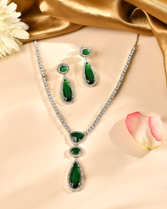 VOJ Silver-Plated Ad & Green Cubic Zirconia Studded Jewellery Set Grab2Buy VOJ Grab2Buy