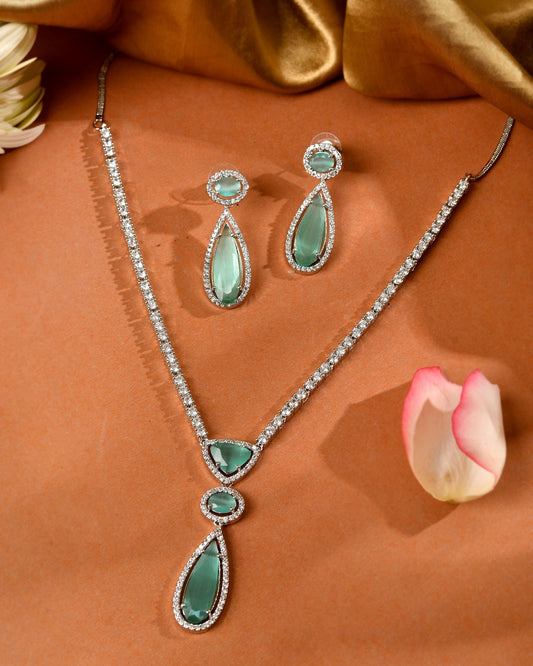 VOJ Silver-Plated Ad & Teal Green Cubic Zirconia Studded Jewellery Set Grab2Buy VOJ Grab2Buy