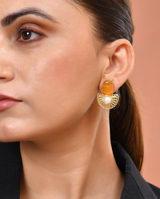 VOJ Gold Plated Yellow Stone And Pearl Dome Shaped Studs Earrings Grab2Buy VOJ Grab2Buy