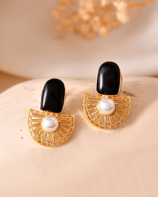 VOJ Gold Plated Black Stone And Pearl Dome Shaped Studs Earrings Grab2Buy VOJ Grab2Buy
