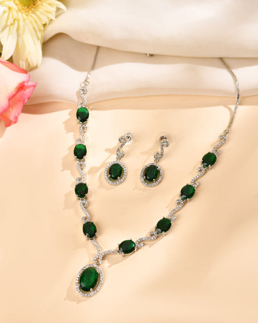 VOJ Silver Plated Oval Green Stone Studded Ad Jewellery Set Grab2Buy VOJ Grab2Buy