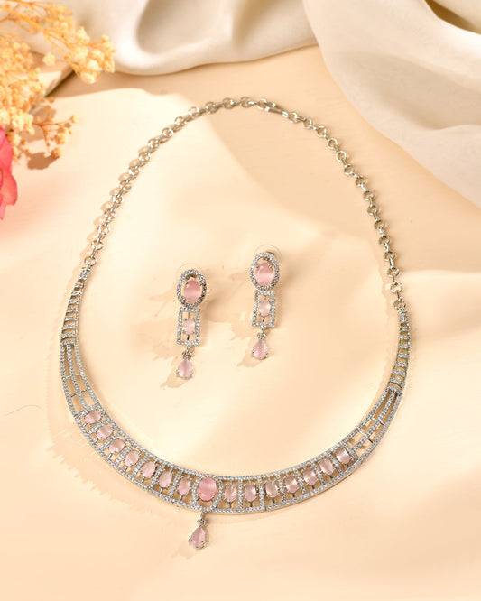 VOJ Silver Toned Baby Pink Cz Stone Studded Designer Necklace Set Grab2Buy VOJ Grab2Buy