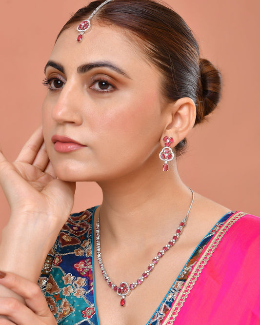 VOJ Silver Plated Ruby Red Stone Studded Ad Jewellery Set With Maang Tikka Grab2Buy VOJ Grab2Buy