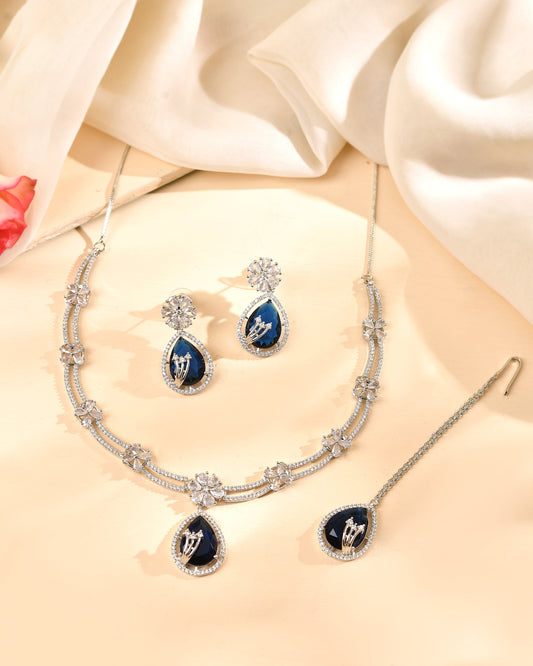 VOJ Silver Plated Blue Tear Drop Shaped Stone And Ad Stone Jewellery Set With Maang Tikka Grab2Buy VOJ Grab2Buy